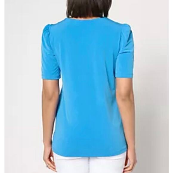 Susan Graver Liquid Knit Short Sleeve Blouse Top Solid Blue Sz 2X Casual Office - Picture 11 of 11